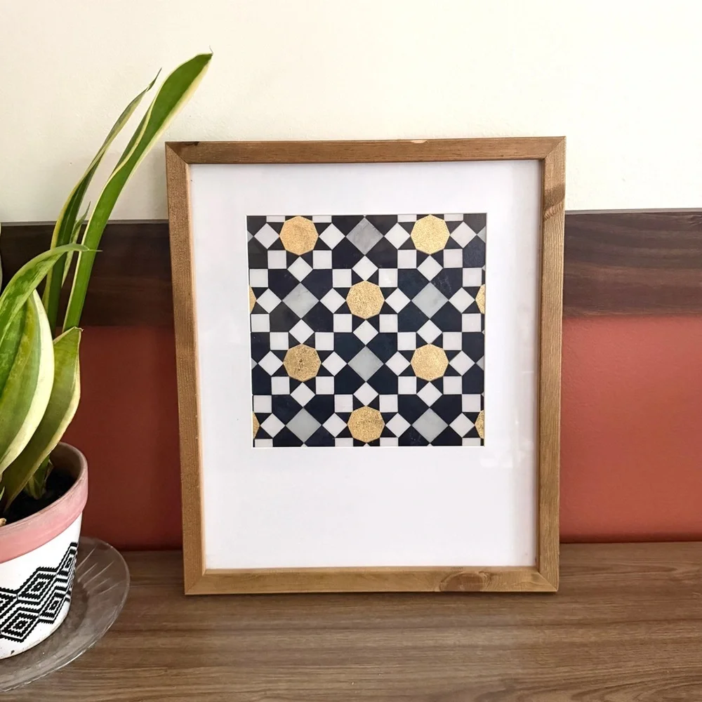 Mosaic Tile Style Gold Black White Geo Wood Framed Wall Hanging Art Decor Boho